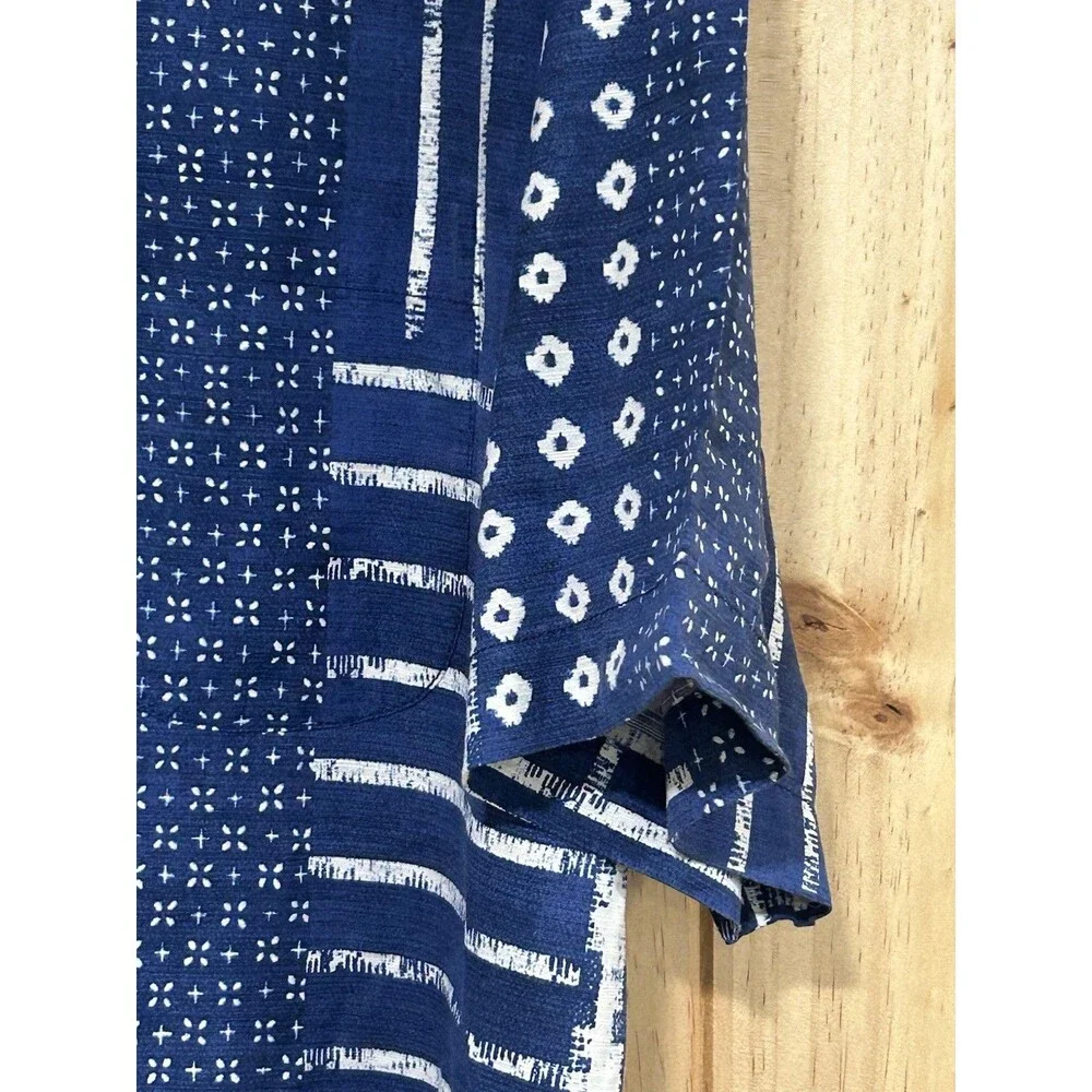 Tommy Bahama Silk Cotton Blend Shirt Sleeve Button Up Blue White Boho 3XL